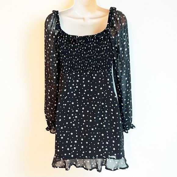 Altar’d State Long Sleeve Mini Star Dress Babydoll Black White Medium Sheer - Picture 5 of 11